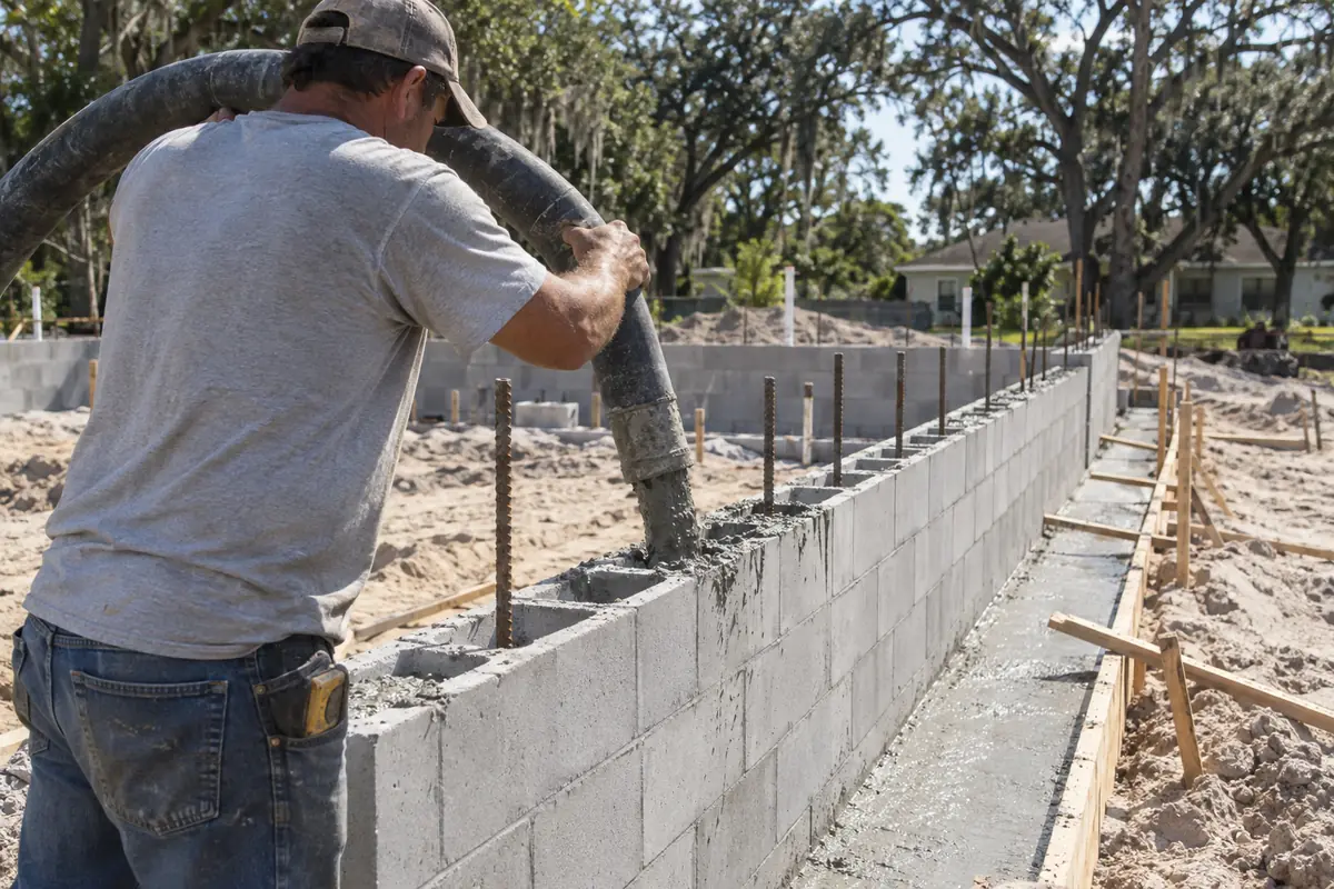 Grout hose filling an open cell in a concrete block stem wall with rebar standing up through the courses