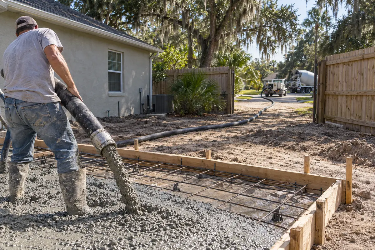 Pump hose discharging concrete into back-yard forms, the line running out through the gate to the pump and truck on the street