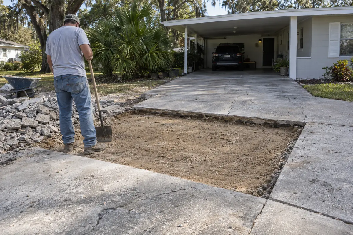 Failed driveway section saw-cut and broken out, base compacted and squared up for the new pour